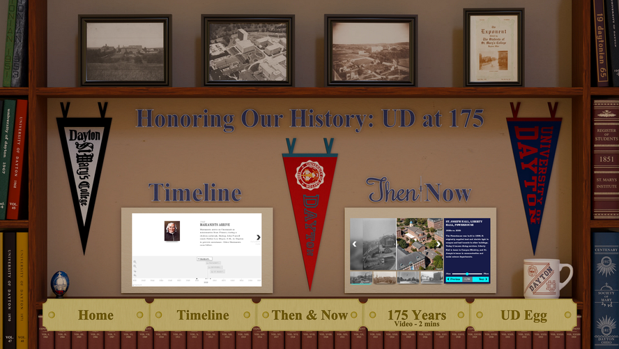 Blender render of an organized bookshelf with framed historic photos of the University of Dayton at the top, recreations of yearbooks, pennants, and interactive visuals.